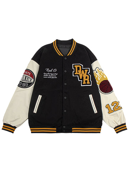 Jaqueta Vintage Masculina Estilo Varsity Racing Letterman Casaco de Beisebol Streetwear com Mangas de Couro Sintético