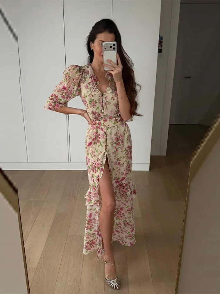 Vestido Longo Plissado com Mangas Borboleta para Mulheres, Decote V Profundo, Estampa Floral, Sexy, com Cintura Ajustável, Vestidos Femininos para Férias e Passeio