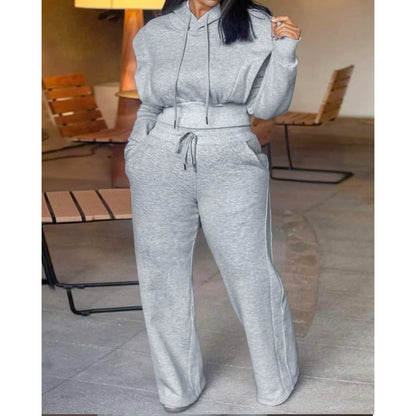 Elegante Duas Peças 	 Conjunto de moletom de manga comprida com capuz e calça de moletom casual de pernas largas para mulheres outono inverno