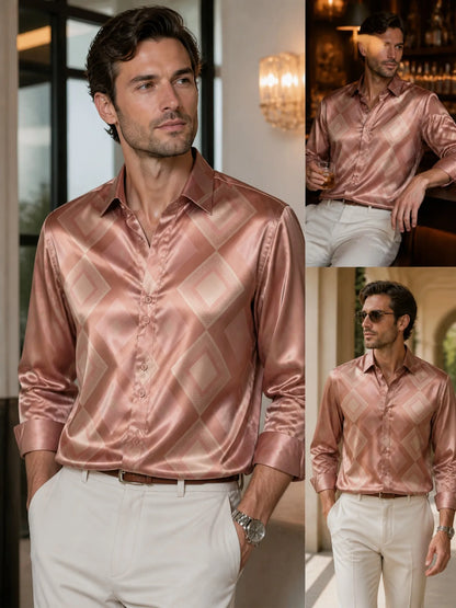 Camisa Social Masculina de Cetim com Manga Longa e Botões, Estampada, Tecido Liso e Brilhante, Ideal para o Dia a Dia, Escritório, Trabalho e Uso Diário