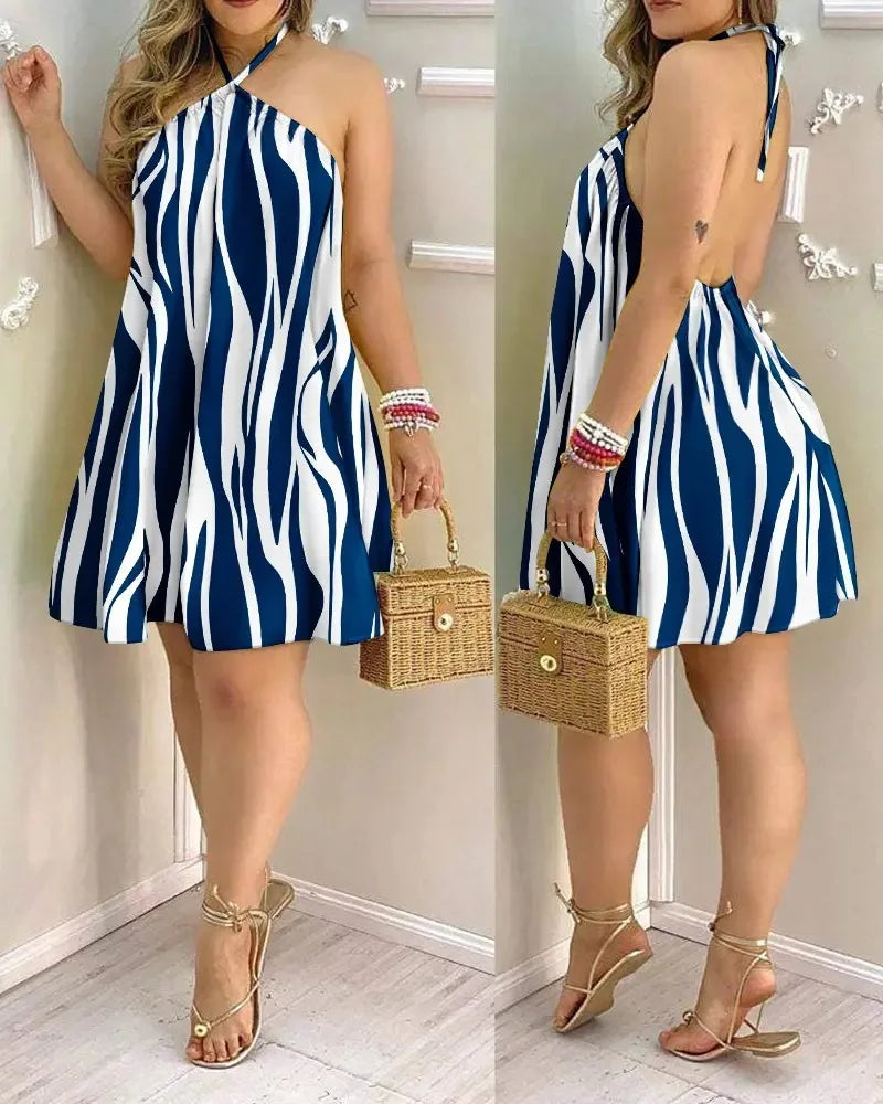 Vestido Boho com Estampa Floral e Decote Halter, Costas Nuas e Alças no Pescoço, Ideal para Primavera/Verão - Roupas Femininas