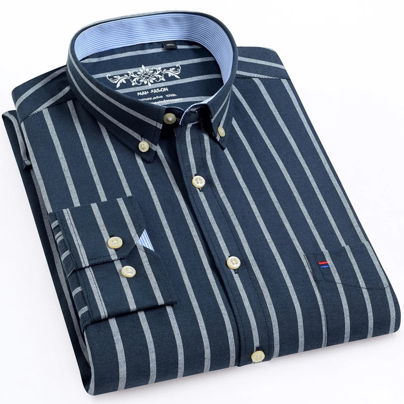 Camisa masculina de manga comprida oxford com botão no peito esquerdo confortável outono inverno ajuste regular casual versátil moda