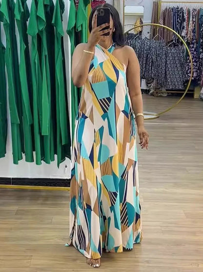 Vestido reto feminino elegante e sexy, sem mangas, longo, estampado, para praia, com decote halter, ideal para o verão. Atacado e dropshipping.