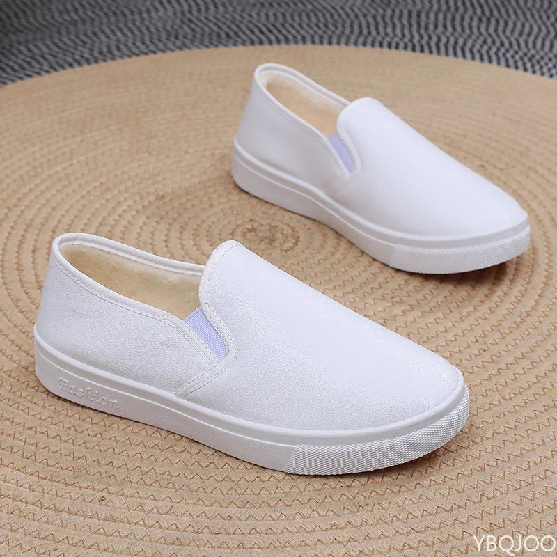 Inverno feminino quente e impermeável pu trabalho sapatos de algodão versátil um pé casual fundo plano anti deslizamento sapatos de placa vulcanizada