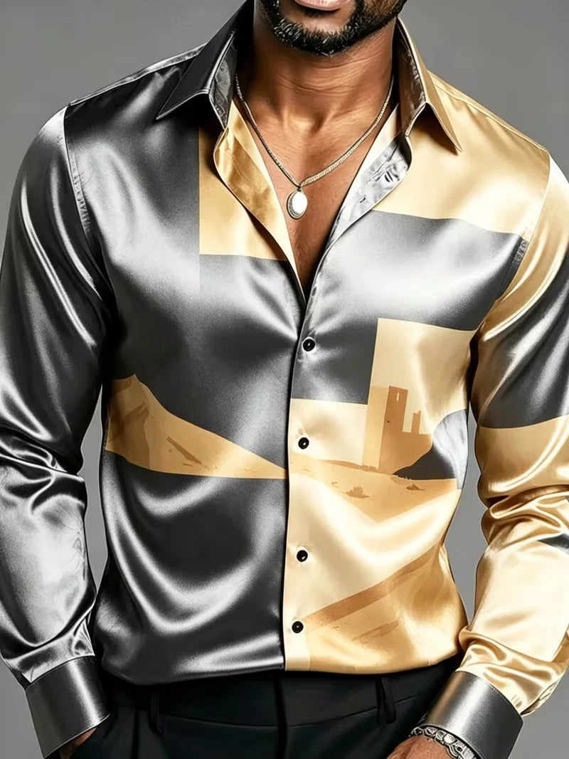 Nova Camisa Masculina de Manga Longa com Estampa Geométrica de Arquitetura do Deserto em Preto e Dourado, Top de Cetim Brilhante