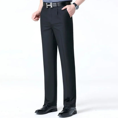 Calça Social Masculina KIDWHXR para Todas as Estações, Cor Sólida Simples, Respirável, Corte Reto Solto, Cintura Média, Casual de Negócios
