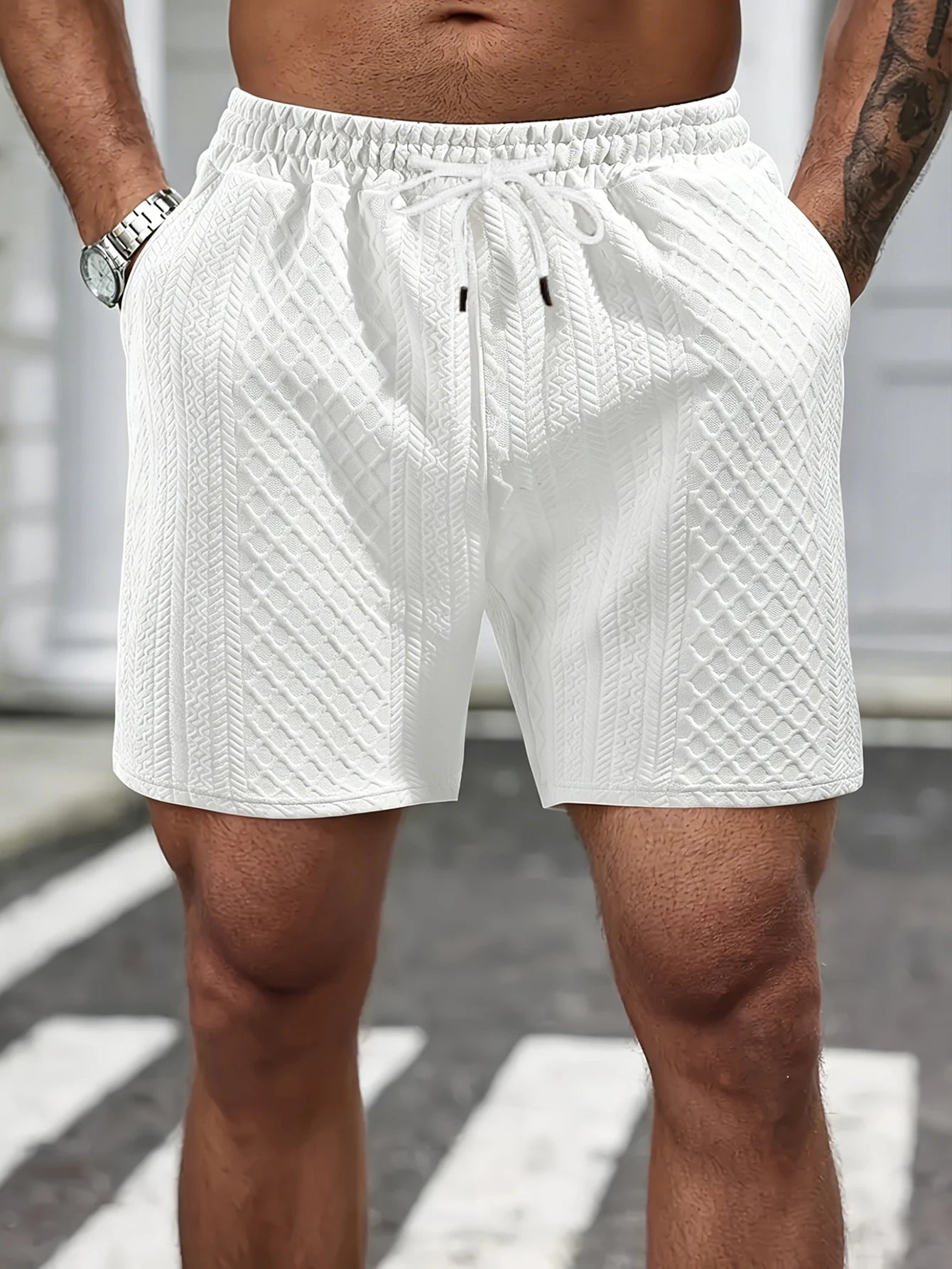 Shorts Casuais Masculinos de Malha Texturizada, Shorts de Verão com Cintura Elástica e Cordão com Bolsos para Uso Diário e Urbano