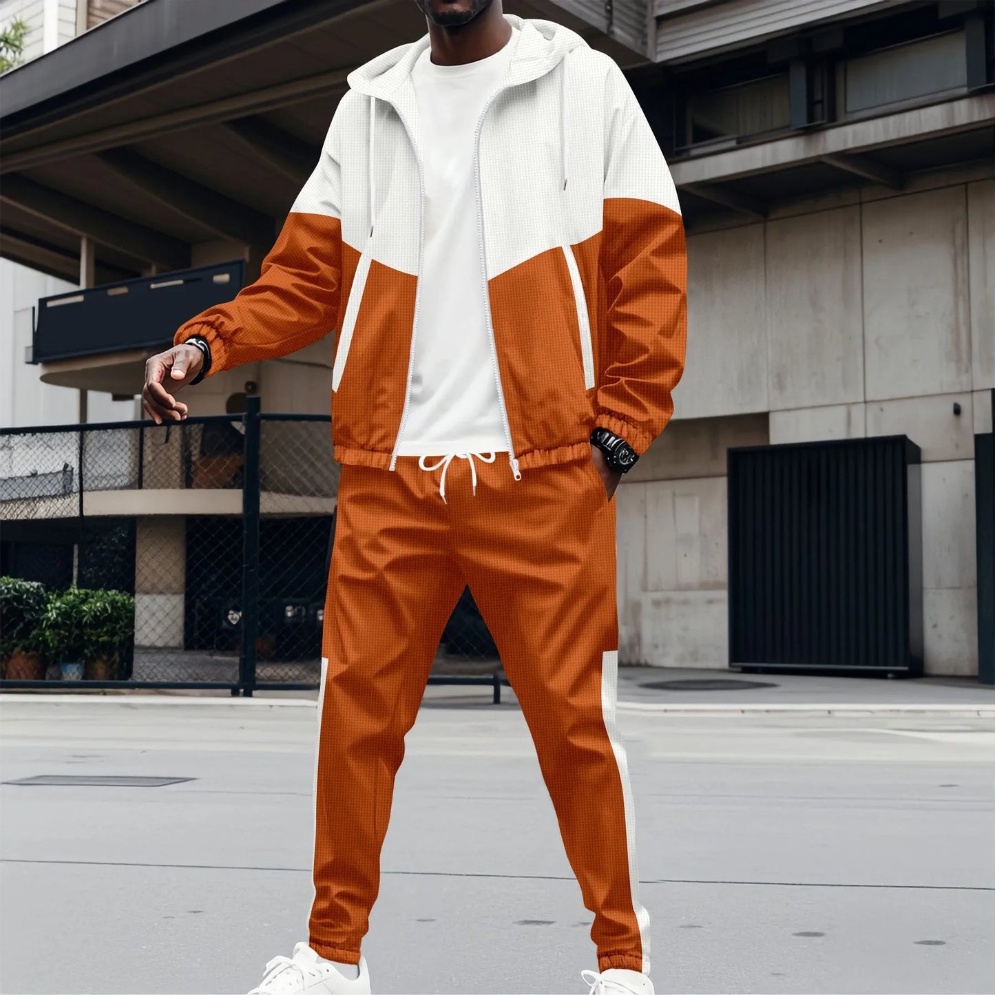 2025 new spring and fall men's hooded Waffle color matching jacket double pocket long sleeve jacket casual sports two pants suit