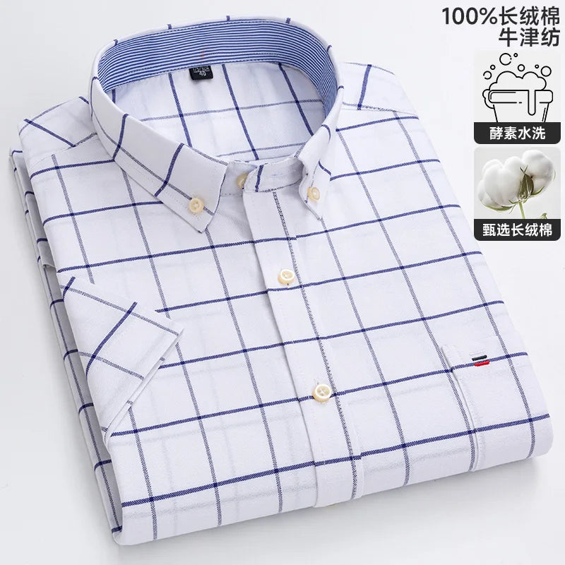 100% algodão puro oxford camisas masculinas manga curta xadrez macio regular ajuste formal vestido camisa blusa social roupas masculinas 6xl 7xl