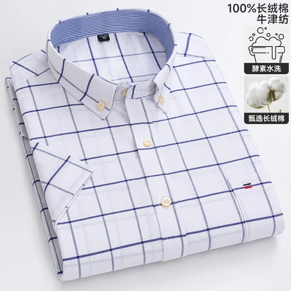 100% algodão puro oxford camisas masculinas manga curta xadrez macio regular ajuste formal vestido camisa blusa social roupas masculinas 6xl 7xl