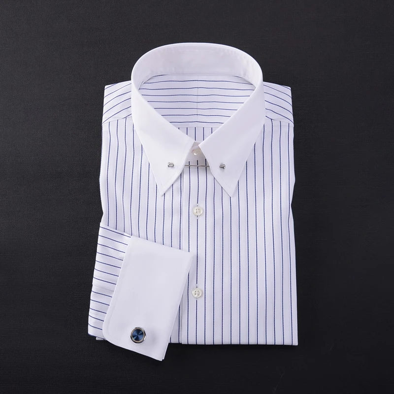 Camisa francesa justa-fit listrada masculina, gola império, manga longa, tendência de negócios