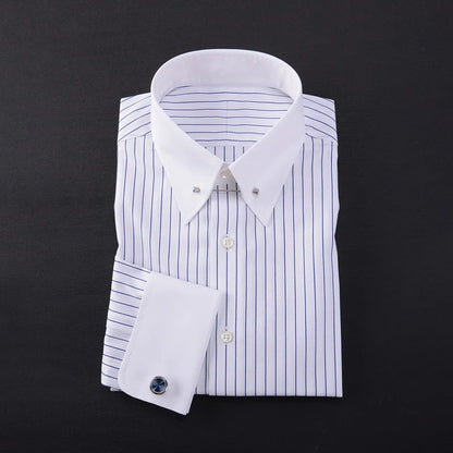 Camisa francesa justa-fit listrada masculina, gola império, manga longa, tendência de negócios
