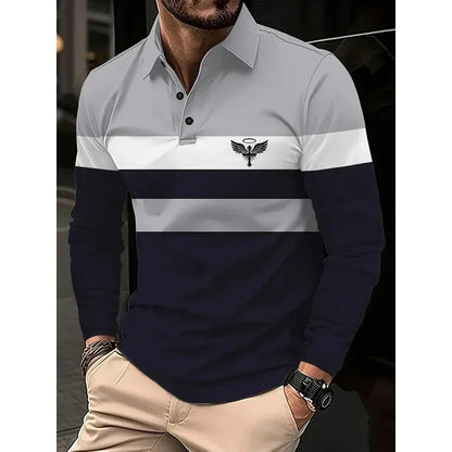 Classic minimalist striped long-sleeved men's polo shirt, fashionable autumn and winter men's casual golf oversized sportswear