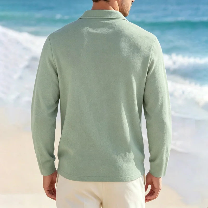 Camisa Masculina Casual de Linho e Algodão Leve com Lapela, Solta, Cor Sólida, Moda Primavera Outono, com Detalhe Decorativo na Gola