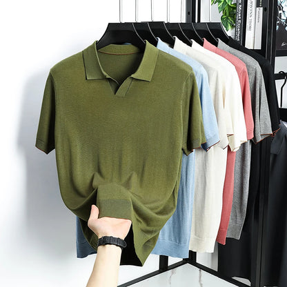 100% Lyocell malhas 2025 homens primavera verão na moda turn down collar malha camisetas manga curta respirável malha topos