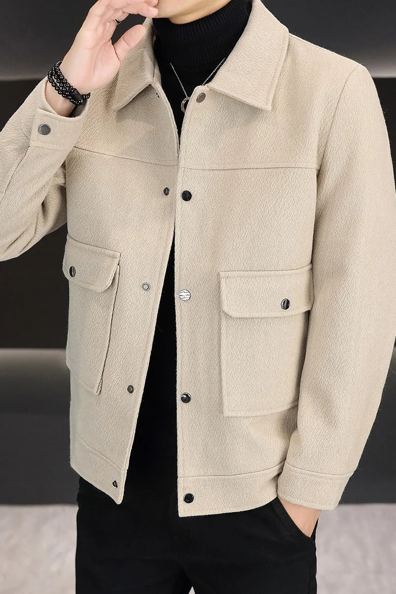 Outono inverno cor sólida jaqueta de lã para homens fino ajuste manga longa casual lã mistura jaquetas social streetwear casaco M-4XL