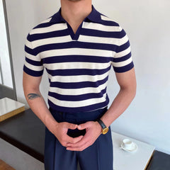 Camisa polo de manga curta de malha masculina, blusa casual de negócios, polo Slim Fit, primavera verão, camiseta listrada moda, camiseta com gola polo, malhas