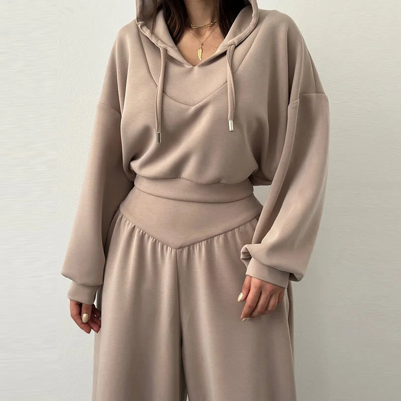 Casual sólido com capuz recortado moletom calça conjunto feminino solto com capuz cintura alta calças de perna larga 2026 primavera senhora chique outfit novo