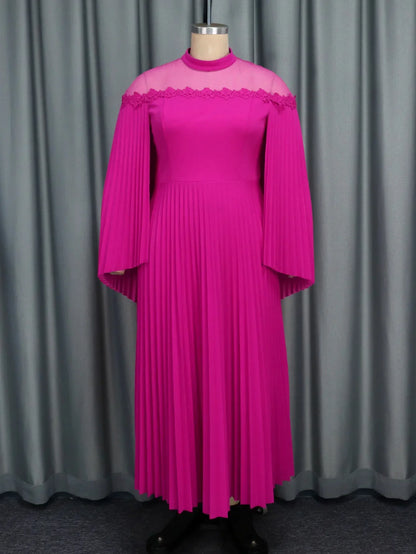 Personality Cape Sleeve See-through Collar Pleated Dress, Women's Spring and Autumn Fashion Solid Color Banquet Dress Vestidos