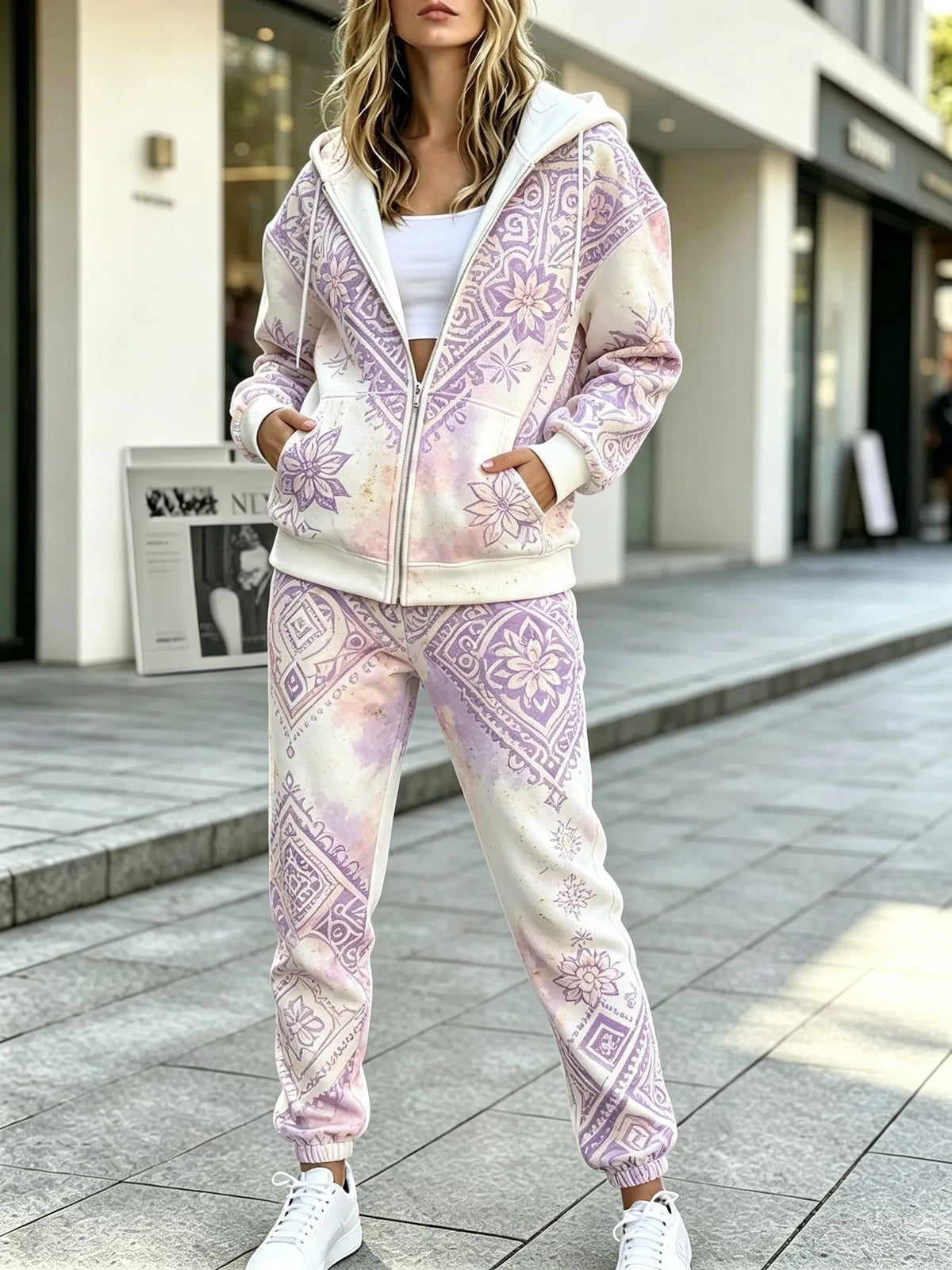 Conjunto Feminino de Moletom com Capuz e Calça com Zíper, Estampa 3D, Estilo Casual, Nova Coleção Primavera/Verão