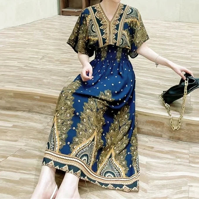 Flor colorida com decote em v elástico jovem boêmio doce midi vestido mulher roupas chique moda vestidos de verão 2025 grande balanço esqui