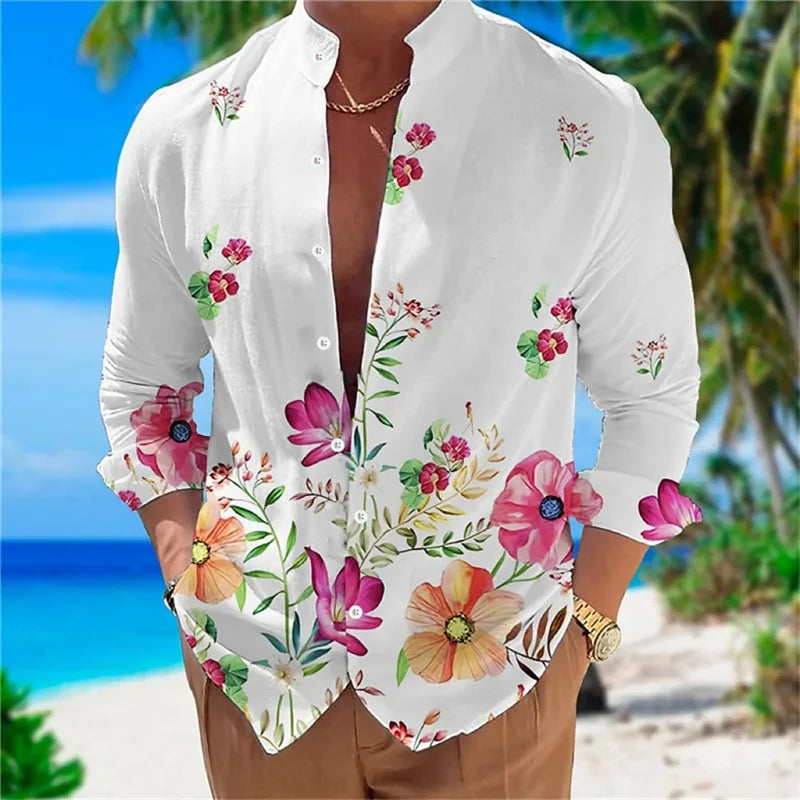 Camisa masculina de manga comprida Camisa impressa em 3D de alta qualidade, padrão floral, primavera e outono, tecido casual e elegante e confortável