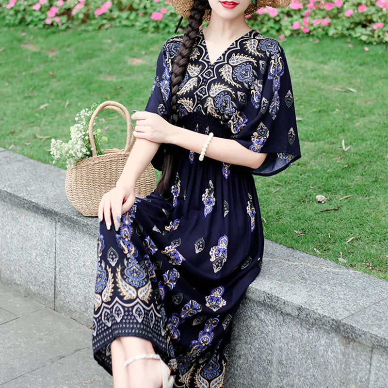 Flor colorida com decote em v elástico jovem boêmio doce midi vestido mulher roupas chique moda vestidos de verão 2025 grande balanço esqui