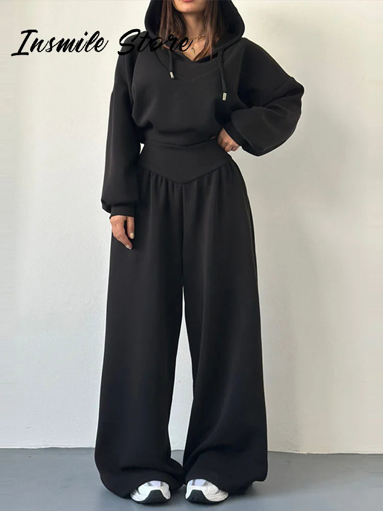 Casual sólido com capuz recortado moletom calça conjunto feminino solto com capuz cintura alta calças de perna larga 2026 primavera senhora chique outfit novo