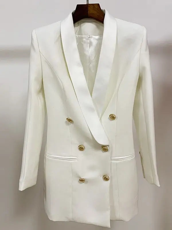 Blazer feminino de alta qualidade, modelo 2026, com botões de leão, abotoamento duplo, gola xale em cetim e modelagem longa.