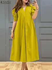 ZANZEA-Vestido plissado com decote em v feminino, monocromático, Puff manga curta, vestido Midi, solto, grandes dimensões, street fashion, verão, elegante, 2024