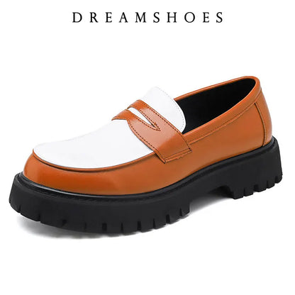 Italian Luxury Brand Loafers Men's Yellow and White Color Leather Shoes Slip-on Fashion Thick Sole Casual Shoes Wedding Moccasin