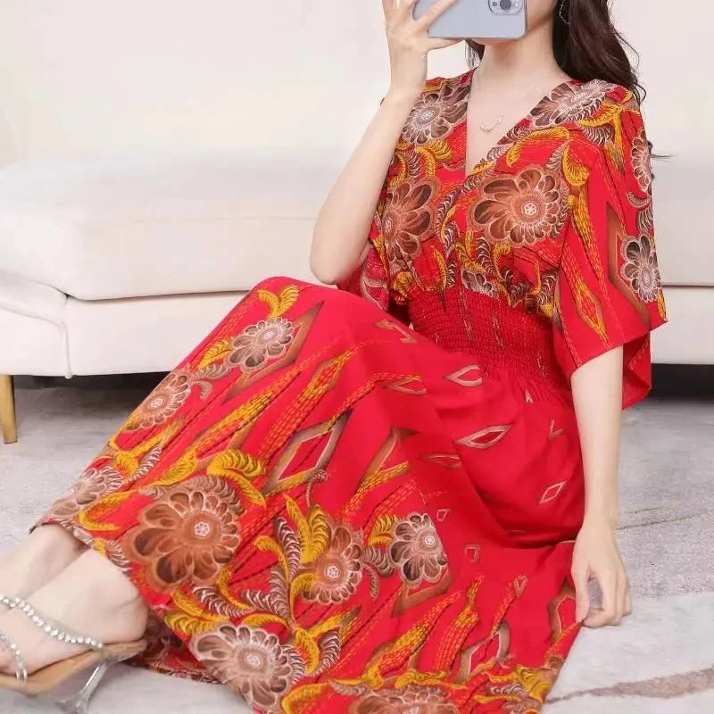 Flor colorida com decote em v elástico jovem boêmio doce midi vestido mulher roupas chique moda vestidos de verão 2025 grande balanço esqui