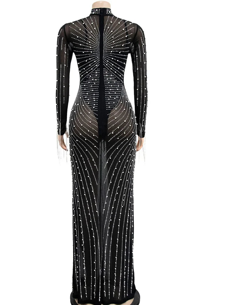 Beyprern-Vestido feminino de malha strass, vestido com franjas, roupas de cristal, vestidos glam, lindas pérolas, festa em malha