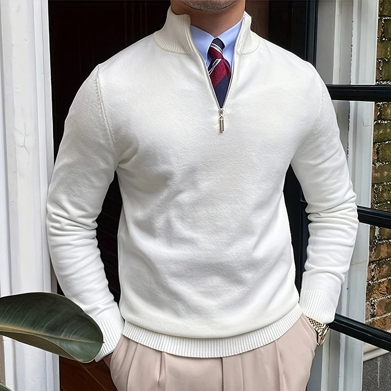Suéter Masculino de Primavera e Outono com Zíper de Um Quarto, Ajuste Slim, Estilo Polo para Negócios, Gola Alta, Pulôver de Tricô