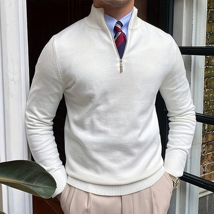 Suéter Masculino de Primavera e Outono com Zíper de Um Quarto, Ajuste Slim, Estilo Polo para Negócios, Gola Alta, Pulôver de Tricô