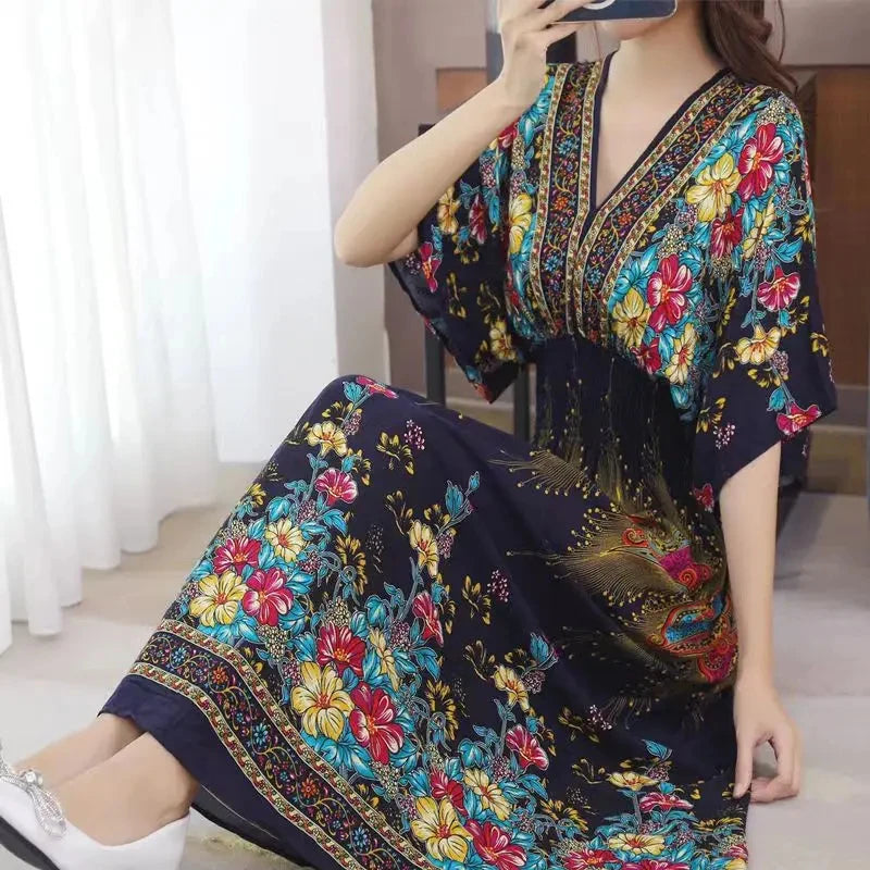 Flor colorida com decote em v elástico jovem boêmio doce midi vestido mulher roupas chique moda vestidos de verão 2025 grande balanço esqui