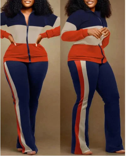 Conjunto de duas peças roupa feminina 2023 outono moda geométrica impressão gola manga longa zip up topo & casual calças esportivas conjunto