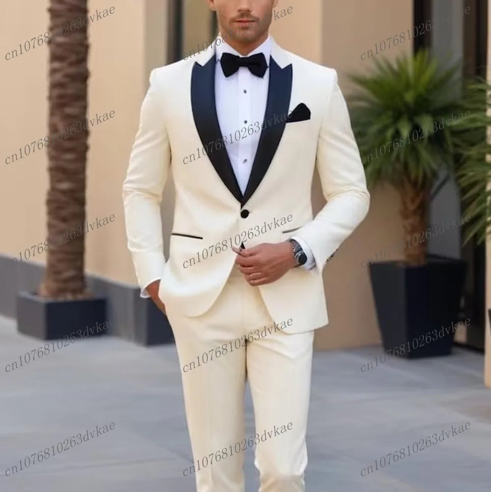 Novo Terno Masculino Branco e Preto para Casamento, Festa, Formatura, Noivo, Padrinho, Ocasiões Formais, Smoking Masculino, Conjunto de 2 Peças, Blazer e Calça