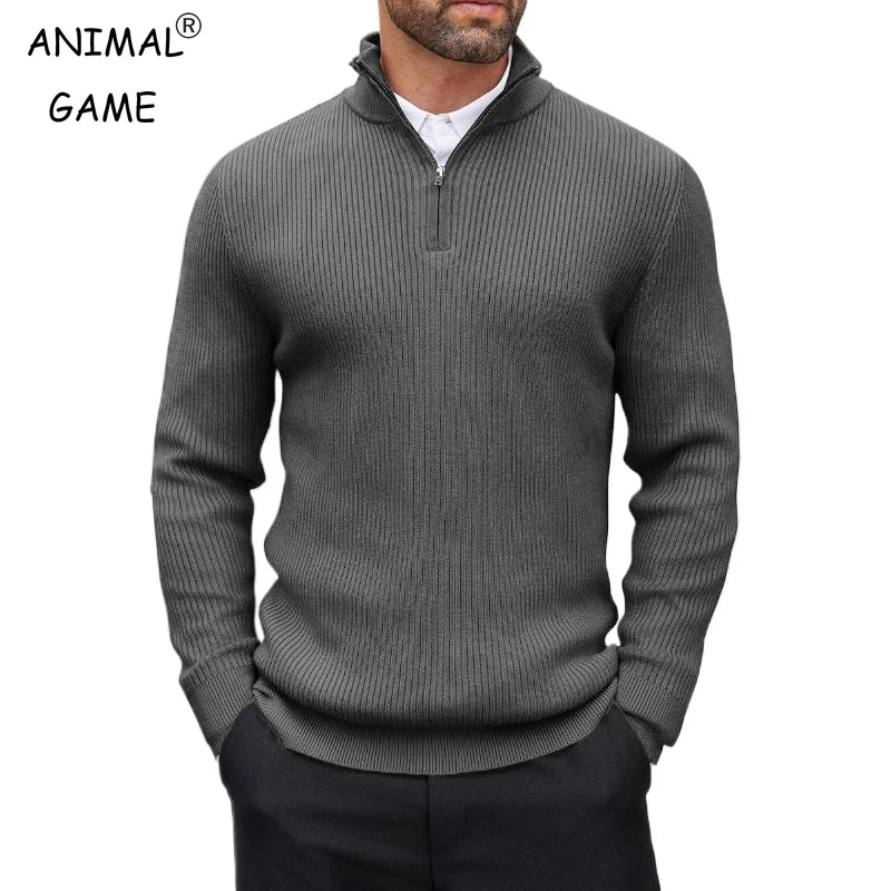Suéter masculino com zíper quarto, gola simulada, casual, malha canelada, pulôver, outono, leve, polo, inverno, quente, roupa externa