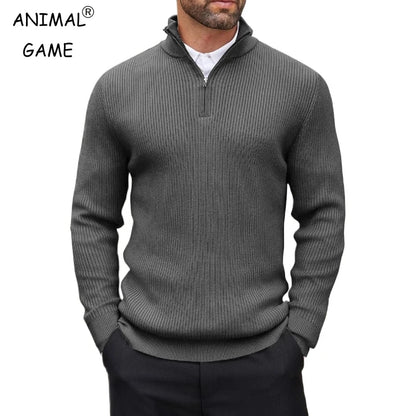 Suéter masculino com zíper quarto, gola simulada, casual, malha canelada, pulôver, outono, leve, polo, inverno, quente, roupa externa