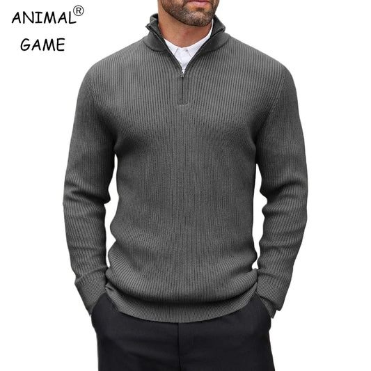 Suéter masculino com zíper quarto, gola simulada, casual, malha canelada, pulôver, outono, leve, polo, inverno, quente, roupa externa