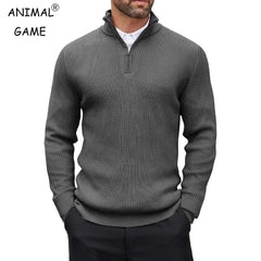 Suéter masculino com zíper quarto, gola simulada, casual, malha canelada, pulôver, outono, leve, polo, inverno, quente, roupa externa