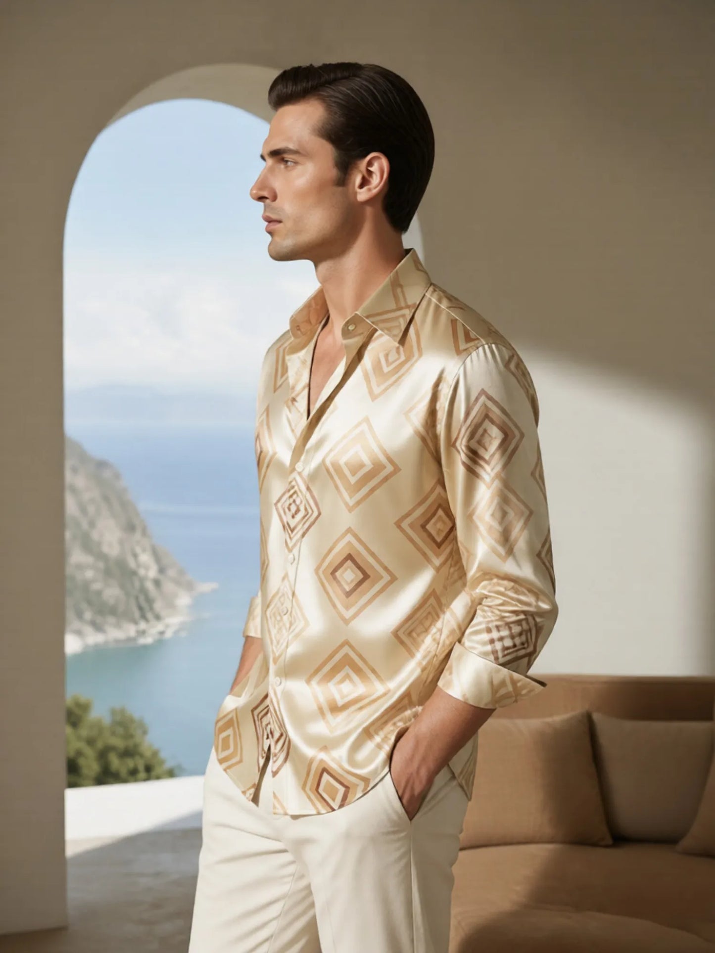 Camisa Social Masculina de Cetim com Manga Longa e Botões, Estampada, Tecido Liso e Brilhante, Ideal para o Dia a Dia, Escritório, Trabalho e Uso Diário