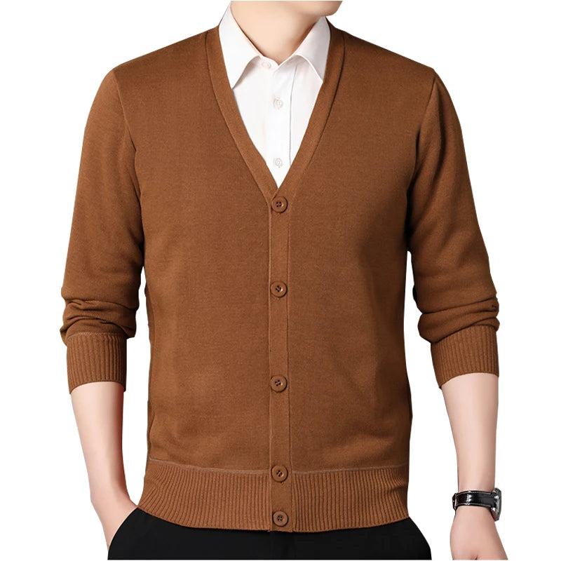 Roupas masculinas de outono, jaqueta cardigã de lã, suéter de malha, gola em v, cardigãs da moda, top quente masculino