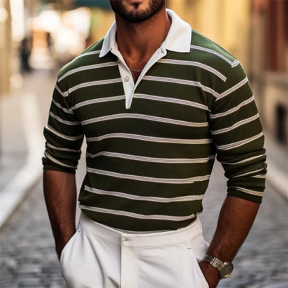 Casual Striped Graphic Polo Shirts For Men Simple Autumn Business 3D Printed Long Sleeve Golf Polo Loose Breathable Lapel Tees
