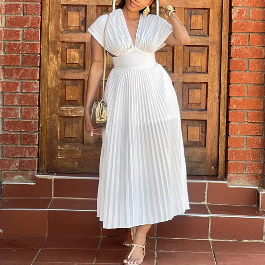 Libeliy sexy com decote em v mangas curtas vestido de cor sólida elegante temperamento verão vestido longo moda feminina plissado altura cintura ma