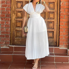 Libeliy sexy com decote em v mangas curtas vestido de cor sólida elegante temperamento verão vestido longo moda feminina plissado altura cintura ma