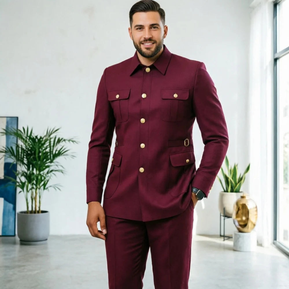 Ternos masculinos pretos, estilo clássico britânico, com botões roxos e dourados, terno safari sob medida, blazer formal para negócios, banquetes, bailes e eventos.