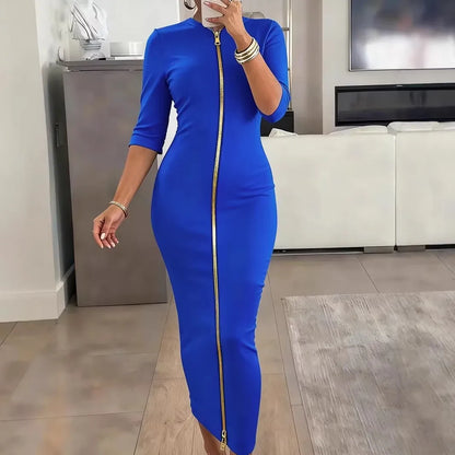 Vestido Lápis Preto Sólido com Manga Curta, Cintura Marcada, Comprimento Midi, Zíper Frontal, Gola Redonda, Ajuste Perfeito e Elegante
