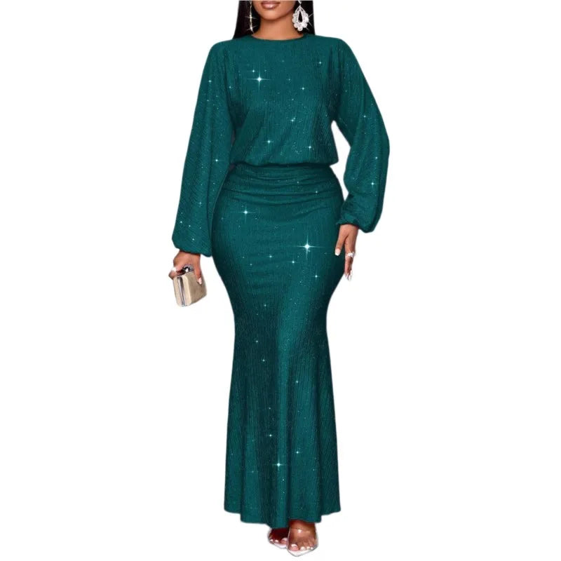 Vestido de Noite Elegante para Mulheres, Decote Redondo, Manga Longa, Saia em Cauda de Peixe Plissada, Vestido Sexy Longo e Slim para Primavera e Verão